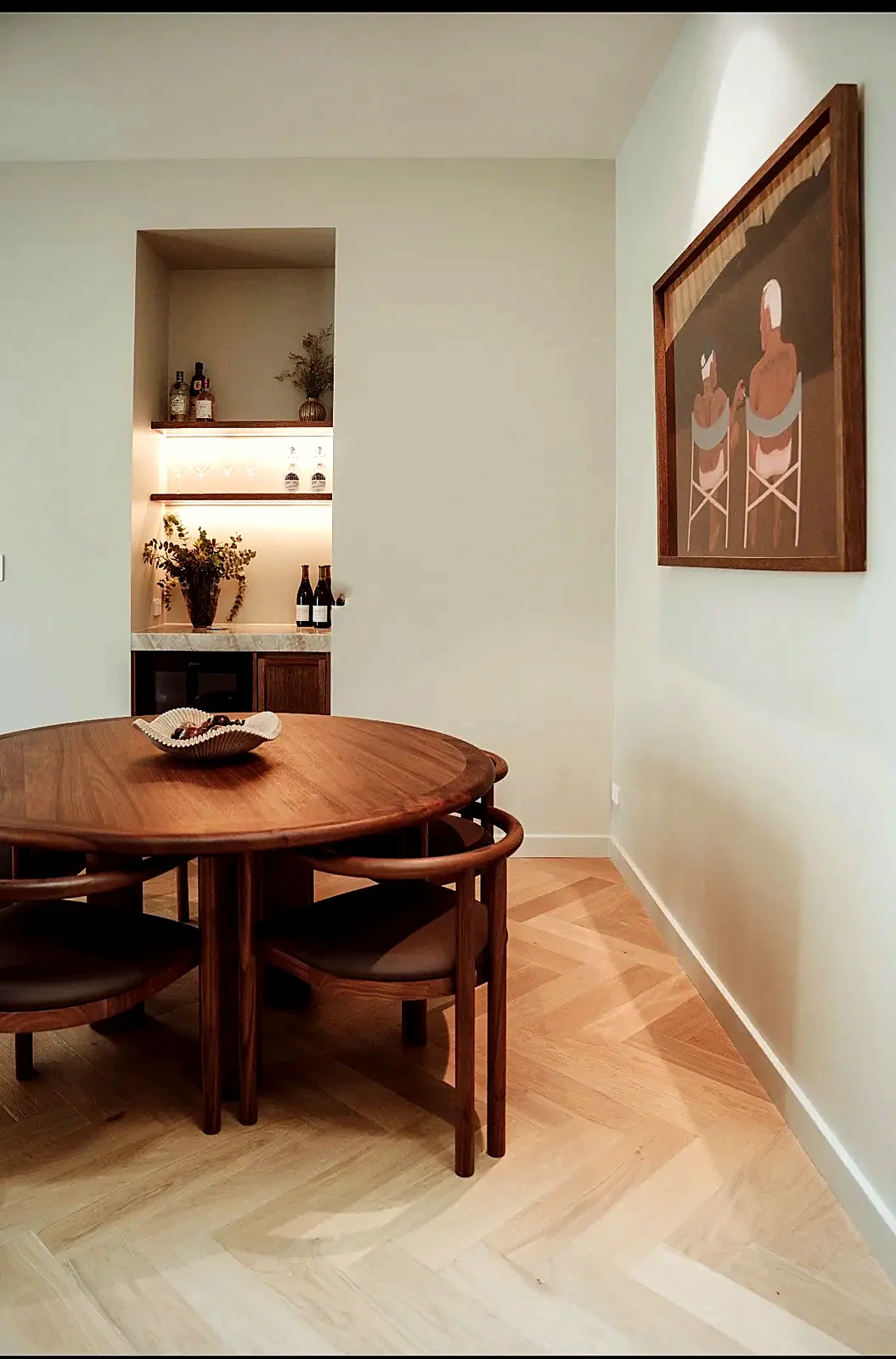 European Oak herringbone parquetry in dining area with bar nook, Central Coast NSW