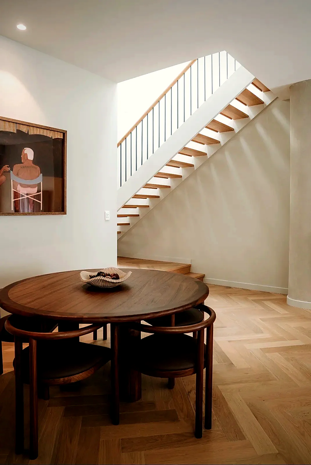 European Oak herringbone floor installation in dining room with floating staircase, Central Coast NSW